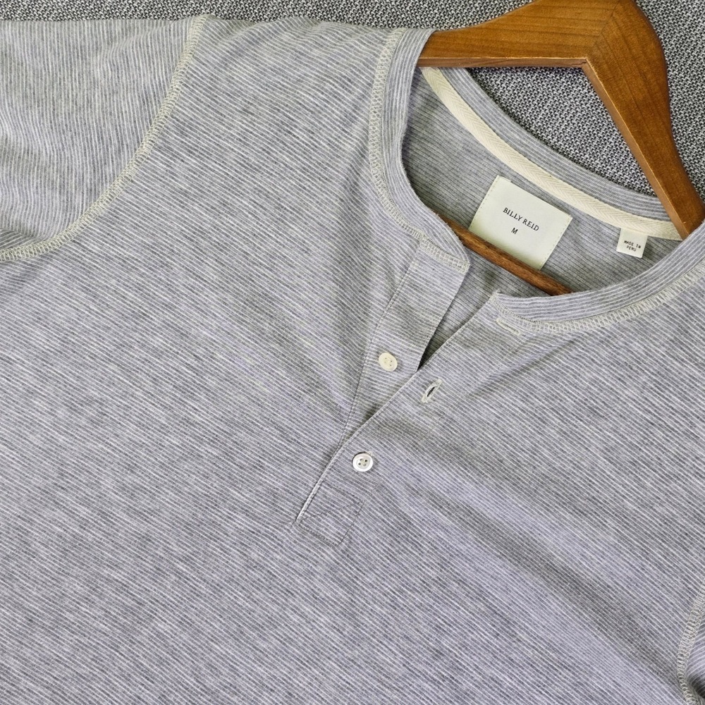 Billy Reid Henley Shirt Mens M Gray Striped Short Sleeve Cotton Linen Luxury